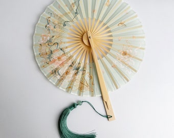 Panda Original Folding Fan,Chinese Round Fan,Ancient Crane Handmade Folding Fan,Round Bamboo Fan, Foldable Round Fan, Retro Folding Hand Fan