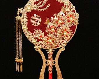 Wedding Fan, Handmade Antique Bridal Fan, Chinese Wedding Bridal Handle Antique Fan, Handmade Double-sided Embroidered Red Fan