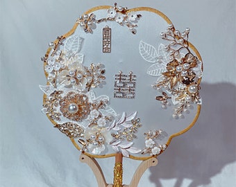 Chinese Style Happy Fan, Antique Bride Wedding Fan, Long Handle Wedding Fan Xiuhe Clothing Fan, Gilt Gilding Fan, Han Clothing Fan