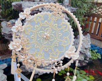 Embroidered Long Handle Fan, Double-layer Chinese Style Hanfu Holding Fan, Tassel Wedding Fan, Happy Fan With Cheongsam