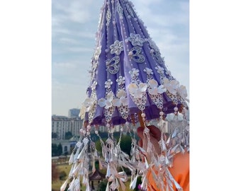 Purple handmade umbrella, tassel oil paper umbrella, handmade flower umbrella, Chinese wedding tassel umbrella, wedding gift