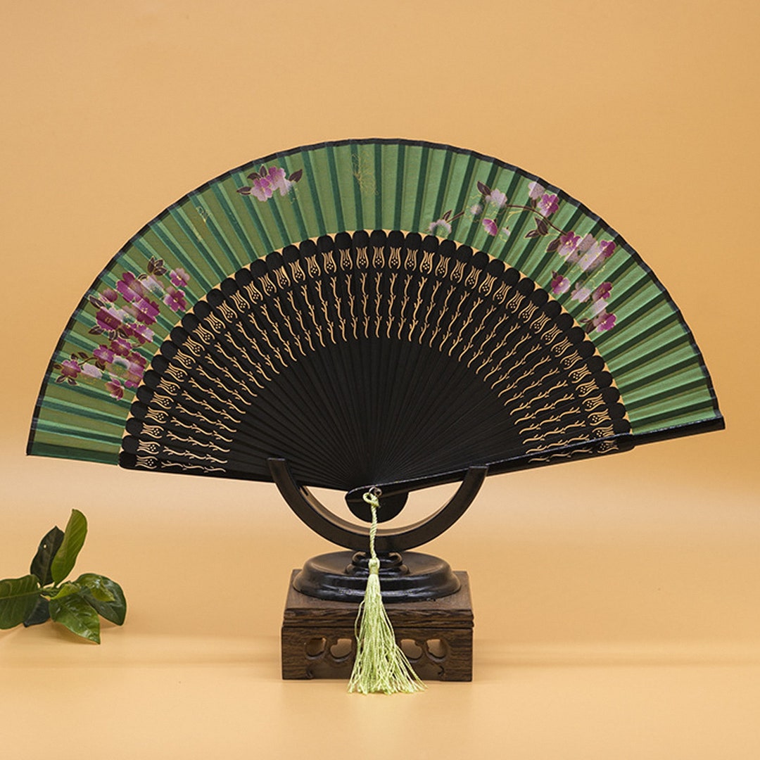 Handheld Folding Hand Fan Green Antique Folding Fan Bamboo Etsy