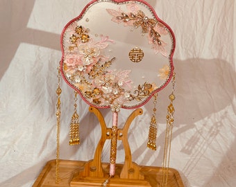 Chinese Wedding, Bride's Fan, Ice Blue Fan, Xiuhe Tuan Fan, Wedding Fan, Diy Fan, Pink Fan, Hand-made Fan, Handmade Palace Embroidery Fan