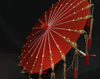 Red Long Handle Chinese Style Umbrella, Antique Custom-Made Umbrella, Hanfu Tassel Decorative Umbrella, Bridal Parasol, Retro Dance Umbrella