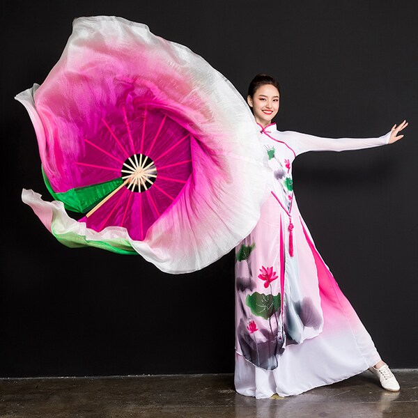 Silk Dance Fan, Lotus Classical Dance Fan, Performance Fan That Can Be Opened 360 Degrees, Performance Fan With Gradient Double-Sided Color