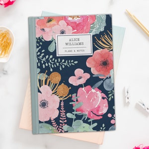 personalised notebook journal, custom notebook, hardcover journal, custom name unique gift for her, floral notebook, watercolors notebook