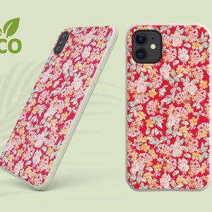 Boho red floral biodegradable phone case samsung s20, s21 s22 nature case, compostable eco