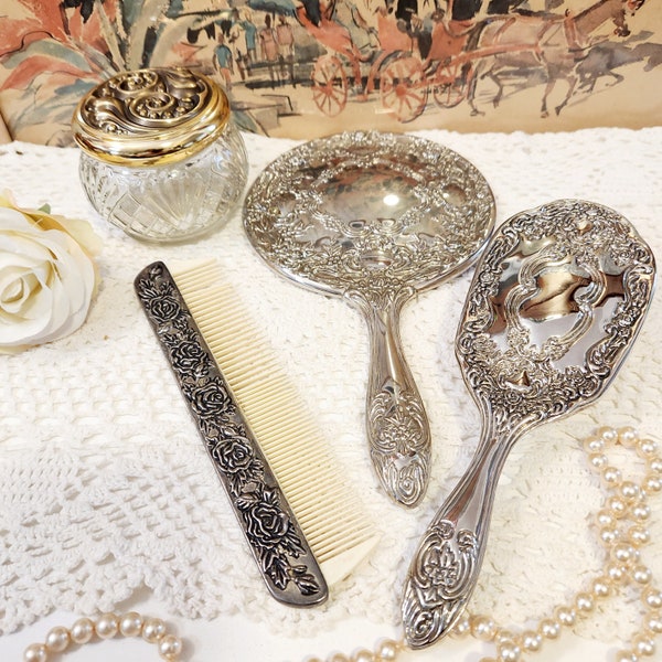 Vintage handheld mirror, Art Nouveau style silver plated hair rush,  vanity jar vintage Dresser Vanity decor