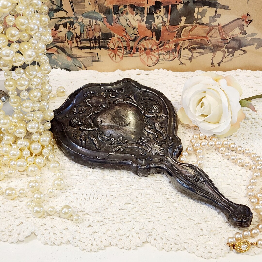 Antique Handheld Mirror Engraved Silver Plated Hand Held Mirror