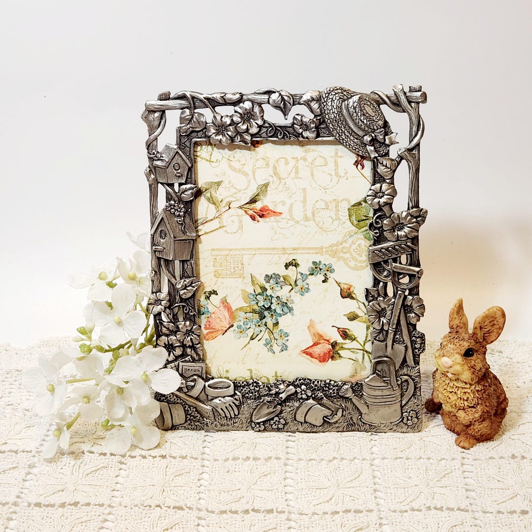 Gardening Picture Frame Beautiful Pewter Tone Metal Holds 3.5 X 5 Photo