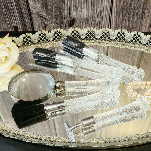 Crystal vanity items including magnifying glass and makeup brushes vintage dresser decor hollywood regency glam