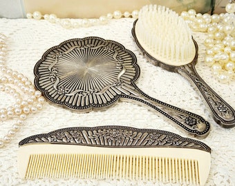 Vanity set Hand held Mirror, Comb and Hairbrush, Art Deco style vintage silver plated dresser decor