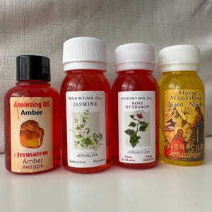 Anointing Oil Set of 4 – 60 ml / 2.02 fl. oz. Bottles – Holy Land Prayer Oil from Jerusalem – Jasmine / Rose of Sharon / Amber and Nard