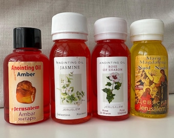 Anointing Oil Set of 4 – 60 ml / 2.02 fl. oz. Bottles – Holy Land Prayer Oil from Jerusalem – Jasmine / Rose of Sharon / Amber and Nard