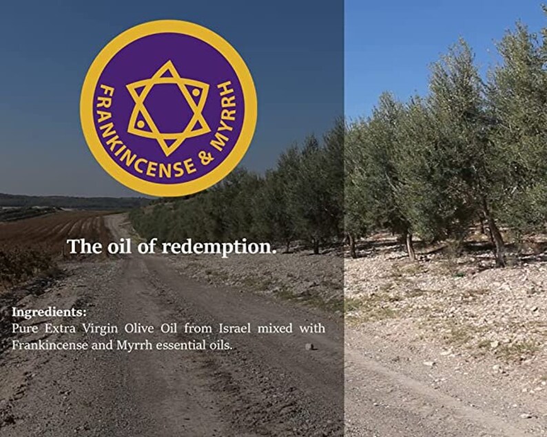 May include: A yellow circle with a purple star of David inside and the text "FRANKINCENSE & MYRRH" around the star. The text "The oil of redemption." is below the circle. The image shows a dirt road with olive trees on either side.