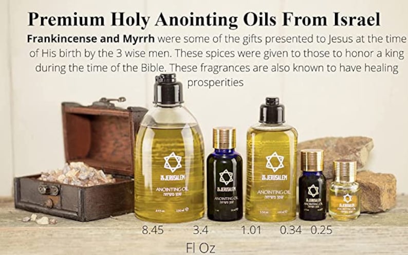 May include: Five bottles of anointing oil from Jerusalem, Israel. The bottles are clear glass with gold lids and labels. The labels feature a Star of David and the words "In Jerusalem" and "Anointing Oil". The bottles are arranged in a row from largest to smallest, with the largest bottle being 8.45 fl oz and the smallest bottle being 0.25 fl oz.