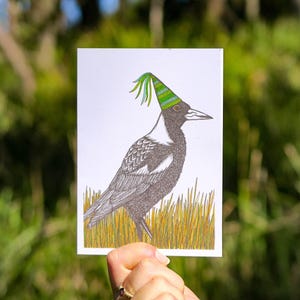 Magpie Bird Greeting Card Native Australian Birthday Gift Card Hand Drawn Recycled Paper Print Blank Card Party Hat Detailed Nature Art Card