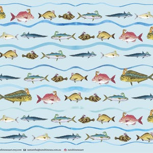 May include: A light blue background patterned with rows of various fish species, each wearing a small party hat. The fish are illustrated in shades of green, yellow, pink, and blue. The text SunshineSeaArt is printed in the bottom left corner.