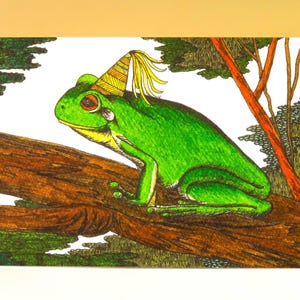 Green Tree Frog Greeting Card Native Australia Birthday Card Hand Drawn Party Hat Blank Card Frog Ribbit Endangered Nature Line Art Card