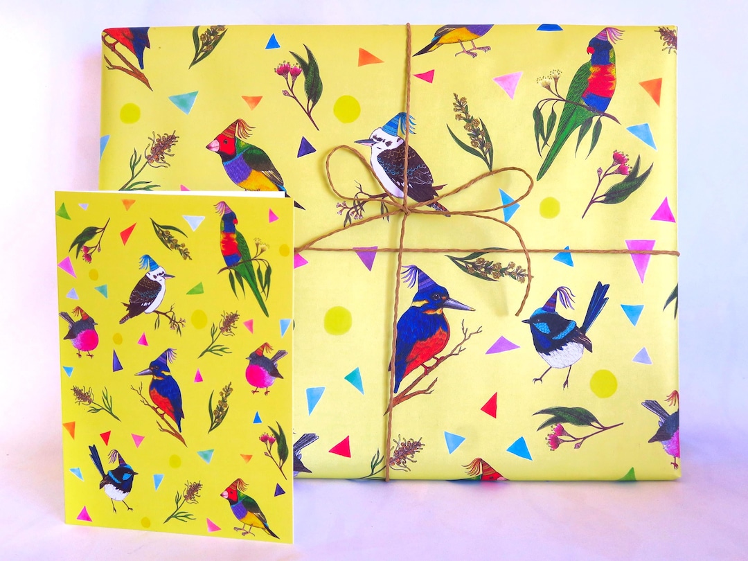 Aussie Bird Yellow Wrapping Paper Floral Matching Greeting Card Native ...