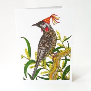 Red-Throated Wattle Bird Greeting Card Native Australian Birthday Card Hand Drawn Recycled Paper Bush Blank Card All Occasion Nature Card