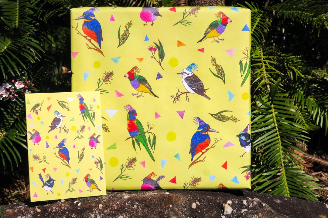 Aussie Bird Yellow Wrapping Paper Floral Wren Lorikeet Kingfisher ...