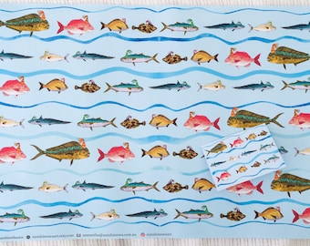 Australian Fish Wrapping Paper & Birthday Greeting Card Set: Ocean Theme, Recycled Paper