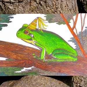 Green Tree Frog Greeting Card Native Australia Birthday Card Hand Drawn Party Hat Blank Card Any Occasion Endangered Nature Line Art Card