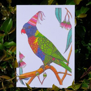Rainbow Lorikeet Australia Bird Card Birthday Gift Greeting Present Hand-drawn recycled paper Print Colourful Floral Art Unique Nature Card