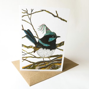 Superb Blue Fairy Wren Australian Bird Card for Birthday Gift Greeting Anniversary Hand-drawn recycled paper Mix & Match with envelope