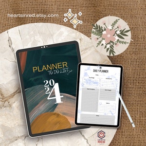 May include: Two digital planners displayed on tablets. One features a dark green and gold abstract design with "Planner To Do List 2024" text. The other shows a daily planner layout with sections for tasks and notes. A stylus is included.