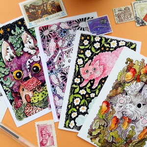 Set di cartoline con illustrazione di gatto A6 - Inktober 2022