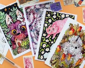 A6 Cat Illustration Postcard Set - Inktober 2022