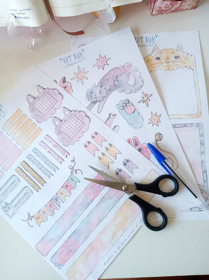 Cat Day Bullet Journal Printable Kit Cute Watercolor - Etsy
