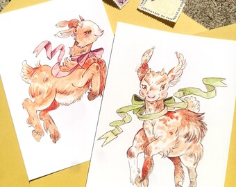 Little Goats Postcard Set - 2 A6 baby goat watercolor Illustration Prints