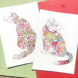 A6 Gatto Tatuaggio giapponese ispirato Ukiyo-e Illustrazione Postcard Set