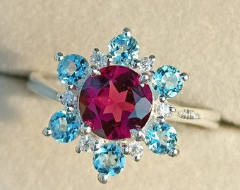 Rhodolite Garnet and Aquamarine Ring, 925 Sterling Silver