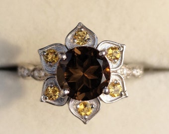 Smoky Quartz Flower Ring: Citrine Sterling Silver Engagement Ring