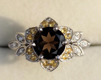 Smoky Quartz & Citrine Flower Ring: Sterling Silver Engagement Ring