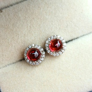 Garnet Earrings Silver 925, Red Garnet Studs, Floral Earring Stud Round Small Red Earring Charms, Red Gem Earring, Gift For Mother