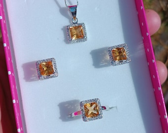 Citrine Jewelry Set: 925 Sterling Silver Ring, Studs, Pendant