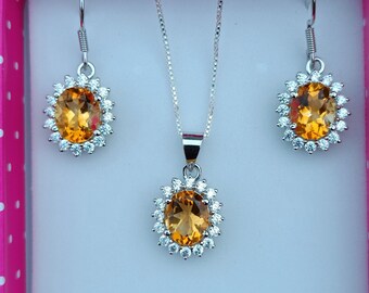 Citrine Jewelry Set: 925 Sterling Silver Pendant Earrings
