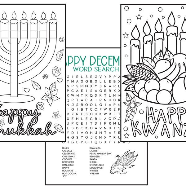 Kwanzaa Activity and Coloring pages for Kids, Happy Kwanzaa Digital Download Printables,Hanukkah Activities, December Word Search