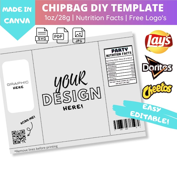 Chip Bag Template, Blank Editable Canva Template, Nutritional Label, Chip Bag Wrapper, Party Favor , Instant Download, Wrapper Template