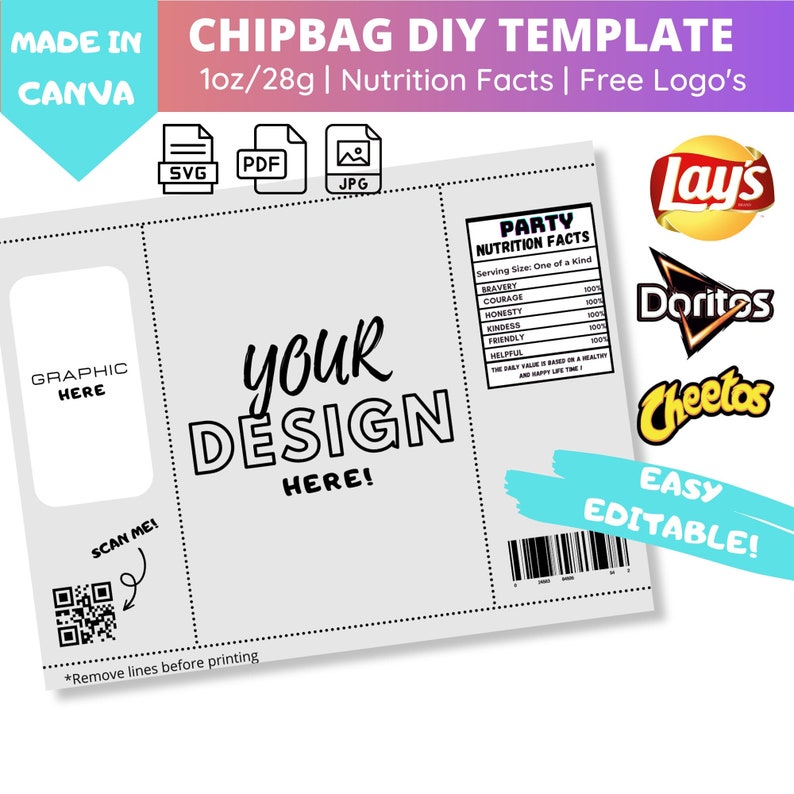 Chip Bag Template Blank Editable Canva Template Nutritional - Etsy