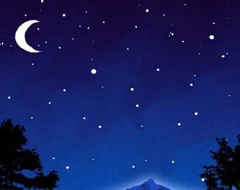 Night scene moon and stars glow in dark print