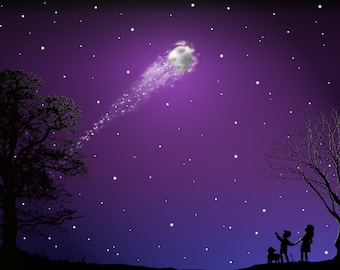 Night scene Meteor and stars glow in the dark.