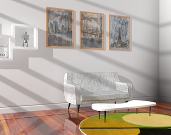 London Paris & New York cityscape A1/A2/A3 posters , digital download