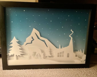3d DIY card cutting templates. Mountain snow scene
