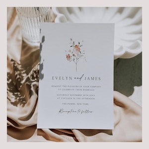 Minimal Wildflower Wedding Invitation, Elegant Blush Floral Invite,  Botanical Wedding Ceremony Invite, DIY Wedding Stationery Template LB01